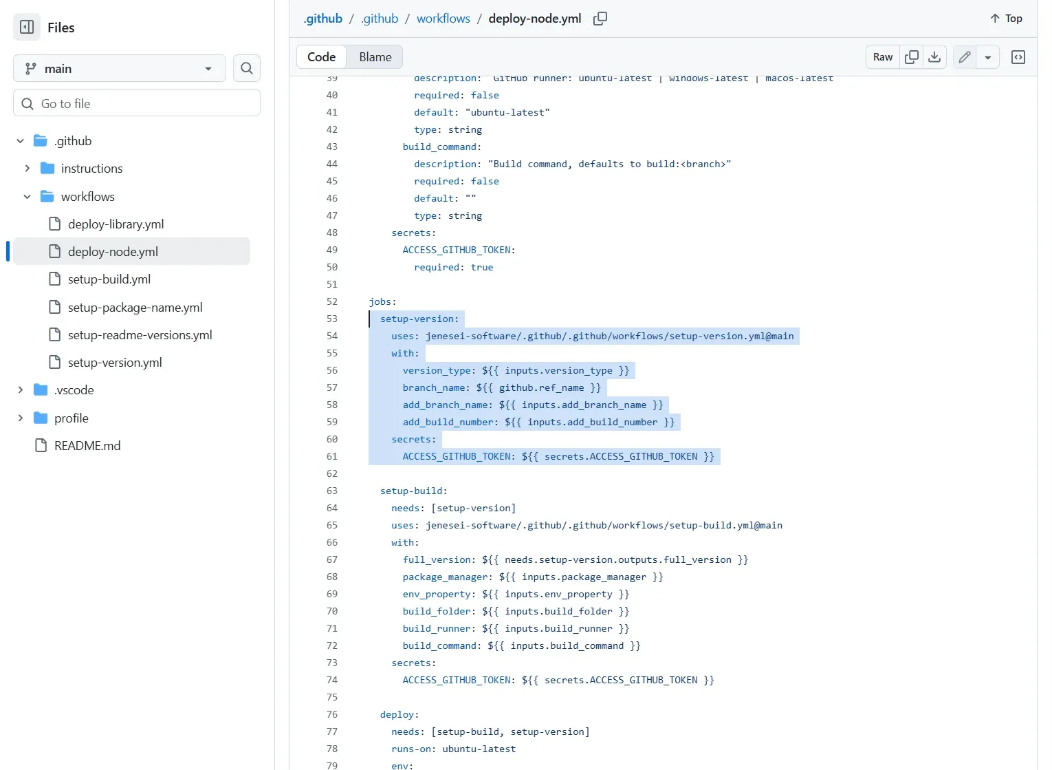 The shared deploy-node.yml calls setup-version.yml