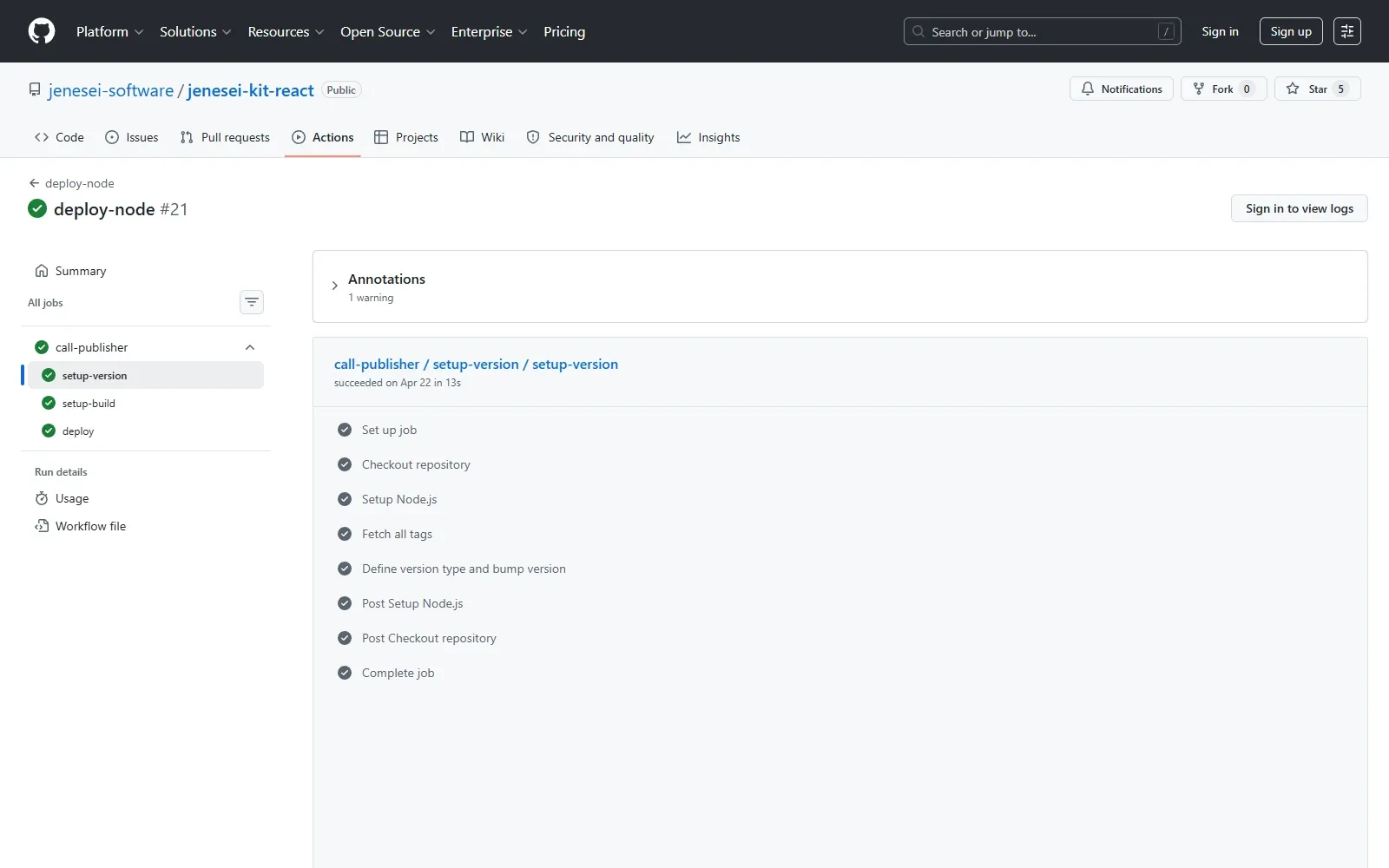 GitHub Actions job with setup-version